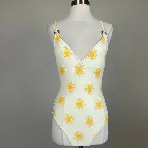 Kate Spade Sunshine Print Strappy Back One Piece Bathing Suit Yellow Size Small - Picture 2 of 11